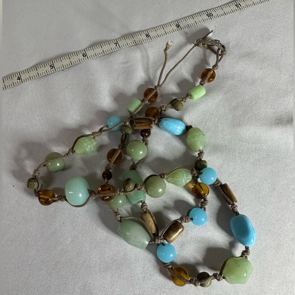 Boho cord necklace with sea glass vibes of blue and green beads - Picture 4 of 5